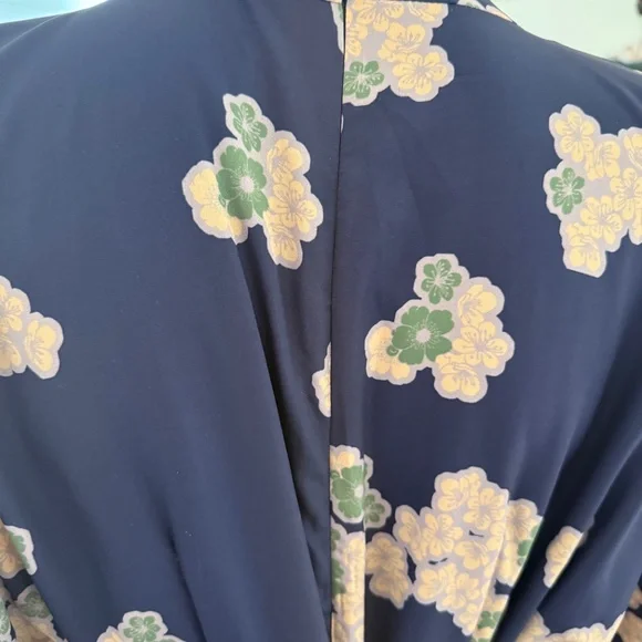 eShakti Wayward Fancies Floral kimono jumpsuit pockets navy green cream deep v - Picture 8 of 12